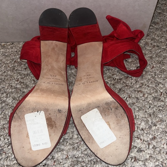 Jimmy Choo, red, soft suede, open toe wrap heels - Picture 2 of 5